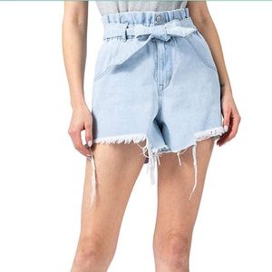 Light wash Vervet high waisted tie Paperbag shorts.